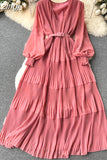 Women Draped Long Dress Vintage V-Neck Lantern Sleeve High Waist A-Line Pleated Maxi Vestidos Purple/Red/Blue Robe