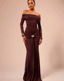And Winter 2025 New Women's Fashion Temperament A Word Shoulder Solid Long-Sleeved Body Hip Dress Dress