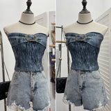 Style Retro Brae Waist-Dyed Wear Sexy Shoulder-Wrapped Sleeveless Top