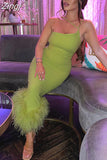 Elegant Feathers Midi Dress for Women Clothes Gown Summer Sleeveless Party Club Asymmetrical Long Dresses