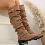 And Winter New Folded Flat Bottom Western Cowboy Boots Buckle Boots Coarse And Thin Barrel Knight