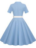 Turn-down Collar Blue Summer Dress Women Elegant Short Sleeve Solid Office Party Midi Sundres A-line High Waist