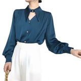 Tea Apricot Temperament V-Neck High-End Sant Satin Chic Shirt Female Design Sense Niche OL Hanging Hong Kong Taste