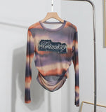 Real Shooting New Long-Sleeved Mesh Spliced Embroidered Denim Bottom T-Shirt Sun Folding Short Top