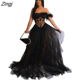 Women Dress Sheer Mesh Strapless See Through Party Night Clubwear Solid Color Dresses For Women