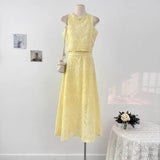 Retro Hollow Hook Design Set Women's Summer Sleeveless Vest Top High Waist Tight