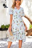 Ladies Summer Dress Women Casual Short Sleeve Ruffles Floral Print Holiday Style Chic Long Dress Beach Chiffon