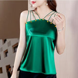 Women Blouses Sexy Tank Tops Embroidered Flares Female Camisole Summer Satin Sleeveless Women Clothing Silk Womens