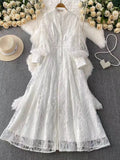Retro Elegant Dress Woman 2025 New High-End Collar Single Buckle Waist Embroidery Mesh