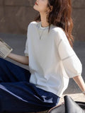 Seven-Sleeved T-Shirt Women 2025 Summer New Round-Necked Color Line Decorate Casual Lantern Sleeve