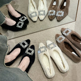 Square Buckle Pointed Head Shallow Single Shoes Women 2025 Temperament A Foot Pedal Wool Shoes To Keep Warm And Comfortable Pregnant