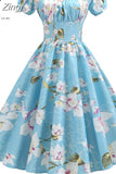 Dress Women Puff Sleeve Swing Vintage Dresses Robe Femme Elegant Floral Print Pin Up Party Dresses