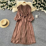 And Autumn New French Retro Hollow Hook Lace Spliced Lantern Sleeve Dress Strapped Waist Temperament