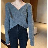 Korea Dongdaemun Autumn And Winter New Temperament Simple V-Neck Cross-Design Sense Loose Knitted