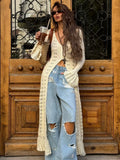 Attitude Babes Personality Style Long Design Knitted Cardigan Women's Hollow Hook Flower Solid Color High