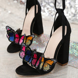Heels Embroidered Three-Dimensional Velvet Bow Sandals Straps Thick Heel Sexy High Heel Women's