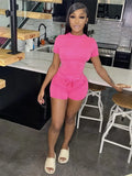 Summer Solid 2 Pieces Shorts Sets Women Short Sleeve O Neck Top Shirt and Mini Shorts Casual Matching Sets