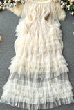 Autumn Women Ruffle Mesh Party Long Dress Sexy Slash Neck Off Shoulder See Through Maxi Robe Female New