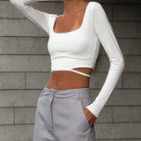 Zingj Summer New Trend Sexy Sweet And Hot Wind French Square Collar Navel Design Sense Long-Sleeved Top