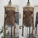 Lattice Mesh Long-Sleeved T-Shirt Irregularly Drifted Y2k Oblique Shoulder Short Top