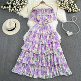 Women Vacation Beach Long Dress Sexy Slash Neck Off Shoulder Short Sleeve High Waist Floral Ruffle Maxi Vestidos