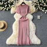 Zingj Senior Sense Dress Female Summer Sexy Sequins Slit Waist Show Thin Round Collar Short Sleeves In The Long Knit