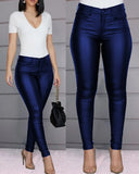 Women's Pants Solid Color PU Leather Pants Sexy Small Foot Pants Spicy Trousers High Waist