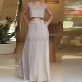 Zingj 2024 New Square Collar Short Sleeveless Sling High-Waisted Skirt Casual Suit-Outfit