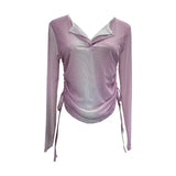 Fake Two Sunscreen Long-Sleeved T-Shirt Women Autumn Design Dizzling Drawstring Folding Short Top