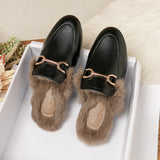 Half Slippers Woman 2025 Winter Real Rabbit Hair Round Head Lazy Man One Foot Outside Wearing Flat-Soled Muller Shoes Large-Size
