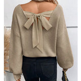 Women's V-Neck Solid Color Sweater Autumn New Long-Sleeved Casual Loose Bow Top