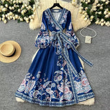 Court Retro Cross V Tie With Belt Lantern Sleeve Print Big Pendted Dress Woman 2025