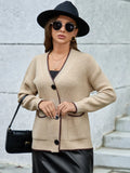Temperament V-Neck Long-Sleeved Open-Shirted Women's Sweater Bump-Colored Bag Side With Pocket Casual