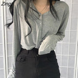 Sleeve T-shirts Women Solid Buttons Loose Spring Simple Tops Korean-style Chic Female Autumn Ulzzang All-match Outwear