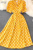 Women Polka Dot Midi Dress Vintage V-Neck Single Breasted Short Sleeve A-Line Vestidos Female Elegant New Fashion