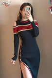Winter Knitting Dresses for Women Sexy Strapless O-neck Long Sleeve Robe Femme Side Split Button Vestido Autumn 2023