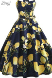 Women Summer Elegant Halter Sexy Party Dress Casual Floral Print Vintage Swing 50s 60s Retro Rockabilly Dresses