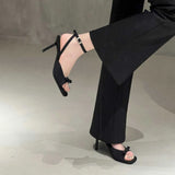 New Square Head Wrist Tripped Silver Silk And Satin Bow High Heel Cool Slippers Fine Heeled Female