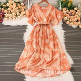 French Crumlom Dyed Summer New Waist Display Thin And Long Elegant Folded Chiffon Dress Holiday