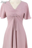 Summer Dress Women OL Casual Short Sleeve Dresses Female Dress V neck Solid Pink Blue White Dress Boho Robe Femme