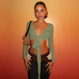 2025 New Fashion Spice Girls Solid Color Sexy V Tie With Supple Short-Anxed Long-Sleeved Shirt