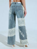 Style Hot Lace Spliced Straight Jeans Women's Summer Strap Design Prints Denim
