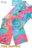 Women Tie Dye Sports Clothing Sets Lady Pullover Short Sleeve O Neck T Shirt Top + High Waist Knee Length
