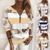Women's New Digital Printing Zipper V-Neck Loose Leisure Clothing Long-Sleeved
