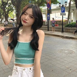 Women Spaghetti Strap Sweet Off-shoulder Sweet Knitted Tanks Womens Korean Style Elastic Slim Chic Ins Trendy Tops