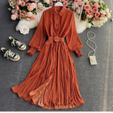 Shirt Collar Wave Dot Dress Spring And Autumn New Gentle Wind Temperament To Close The Waist Of The Big Folded Fork