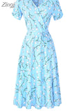 Women Floral Print Bohemian Beach Dress Short Sleeve Elegant Vintage A-Line Summer Chiffon Dress Casual Boho
