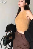 Women Cropped Sexy Solid All-match Autumn New Chic Y2k Sleeveless Teens Girlish Holiday Korean Style Simple Slim