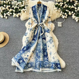 Dress Women's Fashion Collared Belt Long Pressured Folding Printing