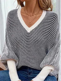 And Winter New Loose Knitted Stripes V Collar Bat Sleeve Splicing Stuff Sweater Women's
